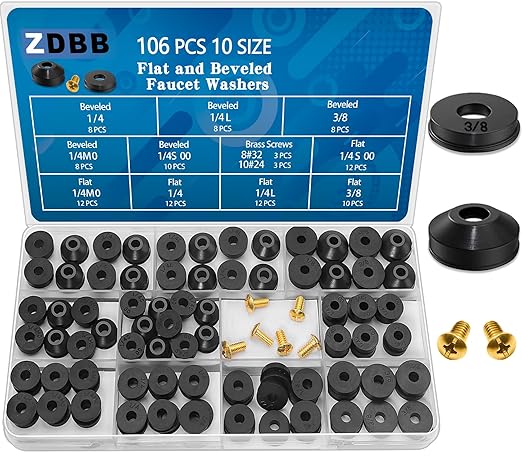 106 pcs Flat and Beveled Faucet Washers and Brass Bibb Screws Assortment for Use with Assorted Quick-Opening Style Faucets Stem Worn Out Washer Replacements Black