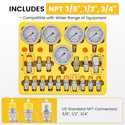 Hydraulic Pressure Test Kit, 5 Gauges, 16 Couplings incl. 3 Extra NPT (3/8", 1/2", 3/4"), 14 Tee Connectors, 5 Hoses, for Excavators, Loaders, Tractors, Forklifts, Construction & Mining