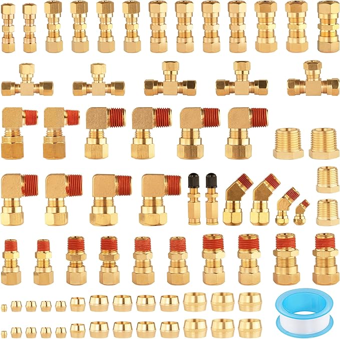 74Pcs DOT Air Brake Line Fittings,Brass Compression Air Nylon Tubing Fittings Assortment Kits 1/4" 1/8" 3/8" 1/2" 5/8" for Industrial Use or Trucks Trailers
