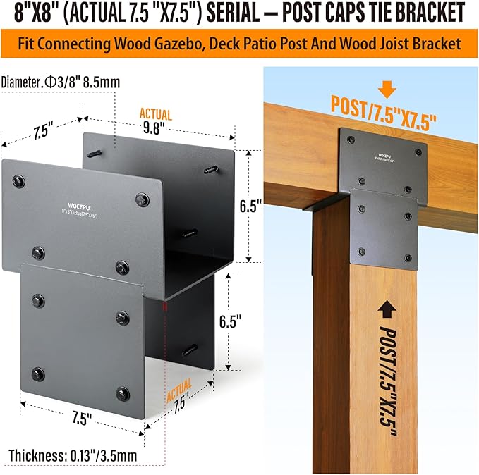 1 Pack Heavy Duty 8x8 (Actual 7.5"x7.5") Stainless Steel Post Caps Tie Bracket , Fit Connecting Wood Gazebo, Deck Patio Post and Wood Beams Bracket ( Dark Ggray)