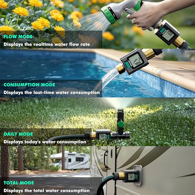 RESTMO Smart Water Flow Meter with Screen Backlight, Brass Inlet & Outlet, Measuring Gallon/Liter Consumption & Flow Rate for Garden Watering, RV Filling, Sprinklers & Nozzle - 2.4Ghz WiFi Connection