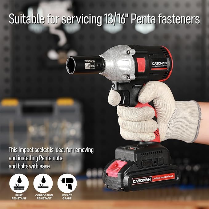 CASOMAN 2PCS 1/2" Drive 13/16" Penta Sockets, 5-Point Utility Socket, CR-MO, Removes and Installs Penta Nuts and Bolts for Utility Service