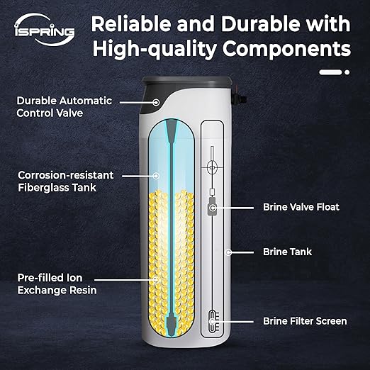 iSpring Whole House Water Softener System, 50,000 Grain High Capacity Removes Hardness with Automatic Backwash and Low Salt Alarm, Hardness & Scale Reduction in House and Commercial Water Use, WCS50KG