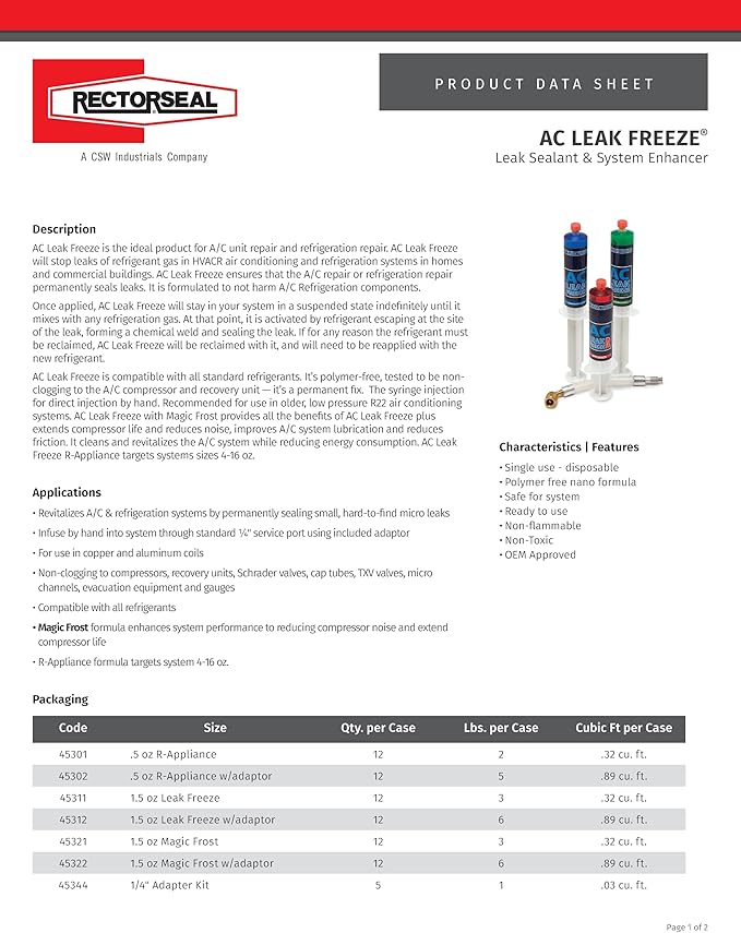 RectorSeal AC Leak Freeze Magic Frost with 1/4" Adapter 45322 Leak Sealant, Non- Polymer Formula & Safe for Refrigeration Systems, Easy Application, HVAC, 0.5 oz.