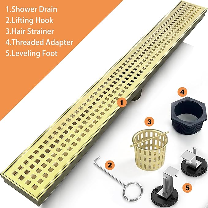 36 Inch Linear Shower Drain Bathroom Kitchen Golden Floor Drain Removable Capsule Pattern Cover Accessories Shower Drain 304 Stainless Steel Drain with Hair Strainer Adjustable Leveling Feet