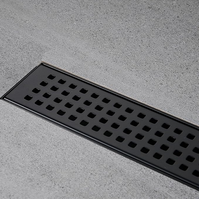 Linear Shower Floor Drain, Matte Black 30 Inch 304 Stainless Steel Bathroom Drains Kit, Long Rectangular Shower Trench Drain with Square Pattern Drain Cover & Hair Catcher