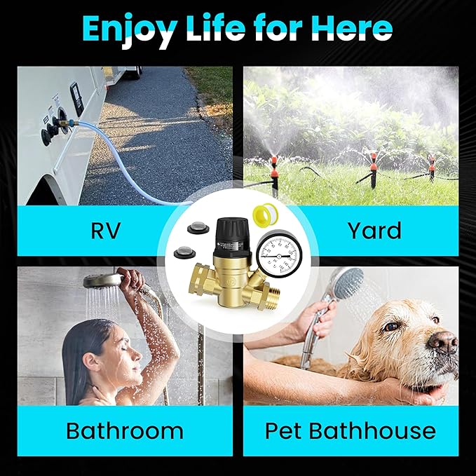 RV Water Pressure Regulator Lead-Free Brass Adjustable Water Pressure Reducer with Gauge and Screen Filter Use in Camper, Trailer, RV Plumbing System