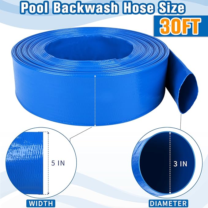 MYFAMIREA 3 IN x 30 FT Pool Backwash Hose Heavy Duty Drain Discharge Double PVC Layflat Hose with 2 Clamps, Weatherproof Burst Resistant for Water Transfer, Sump Pump, Pool Filter, Drain (9.2M,Blue)