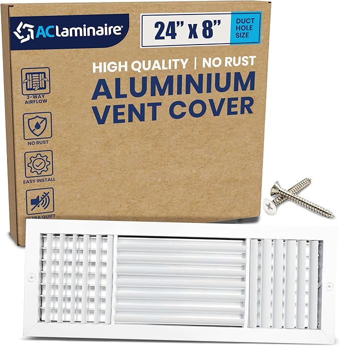 24x8 Inch (Duct Opening) Aluminum 3-Way Air Flow Vent – HVAC Vent Cover for Wall or Ceiling – Quiet HVAC Wall Register with Multi-Shutter Damper – Adjustable Curved Blade - Plastic Seal for Tight Fit