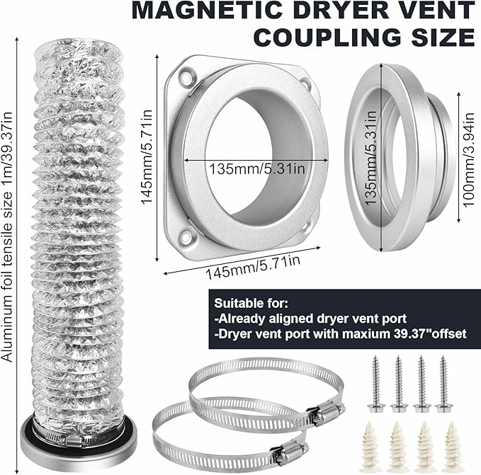 Magnetic Dryer Vent Coupling DV180 Airtight Seal Dryer Vent Connector Kit Easy to Clean Dryer Vent Hose Quick Connect Magnetic Dryer Vent Coupler Include 4"x3.3ft Aluminum Foil Duct & 2 Clamps