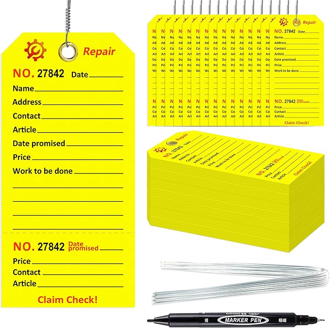100 Pcs Repair Tags with Hole and Wire Maintenance Service Tags 2.6 x 5.25 Inch Numbered for Machinery & Office Service Tickets Equipment Maintenance Price Notice with Stub Yellow (100)