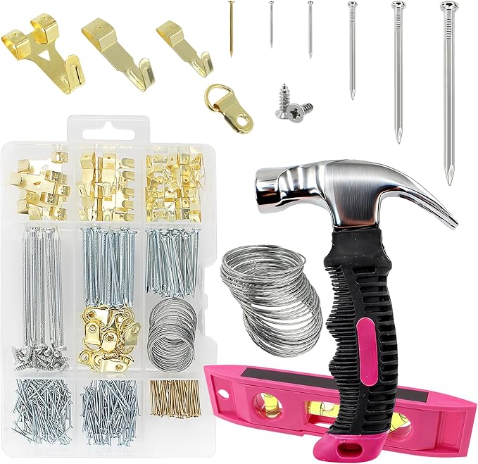 Picture Hanging Kit Hanging Hardware Assorted with Magnetic Hammer D Ring Nails Hooks Wires Magnetic Level for Wall Mounting Heavy Picture Canvas Paintings Photos Frame Board Clock