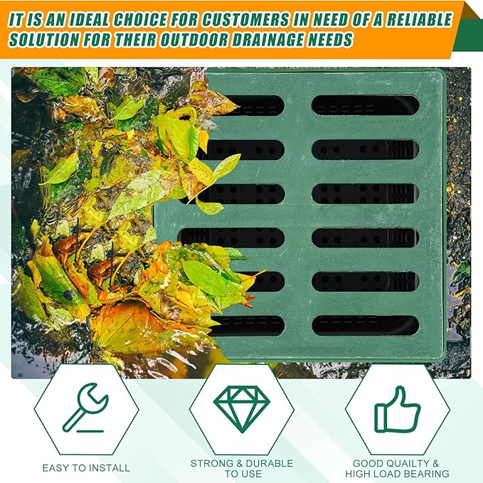 Catch Basin with Grate 15 x 15× 24 Inch Square Large Catch Basin for Drainage with Debris Basket French Drain Without Reserved Hole for Yard, Downspout, Lawn, Municipal Pipeline, Green