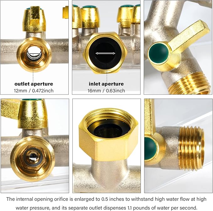 Heavy Duty Brass Garden Hose Splitter, Freeze and Sun Resistant Outdoor Faucet 4-Way Valve, Nickel Plated for Rust Resistance, 3/4” GHT (Gold)