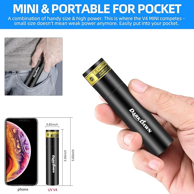 DARKDAWN UV 365nm Black Light Mini Flashlight USB Rechargeable, Woods Lamp Portable LED Ultraviolet Pocket Blacklight 370nm – Pet Urine Detector, Stains, Money, Amber, Uranium, Leak Detection – 2 Pack