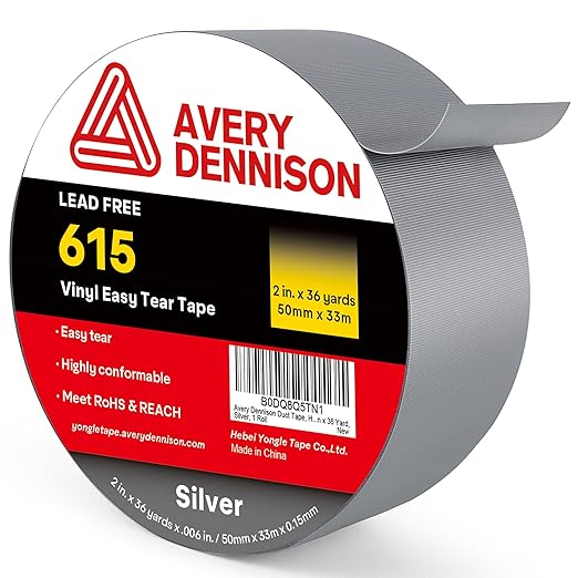 Avery Dennison Duct Tape, Heavy Duty PVC Easy Tear Tape, Strong Adhesive Waterproof Duct Tape for Indoor Outdoor Repairs, 2 in x 36 Yard, Silver, 1 Roll