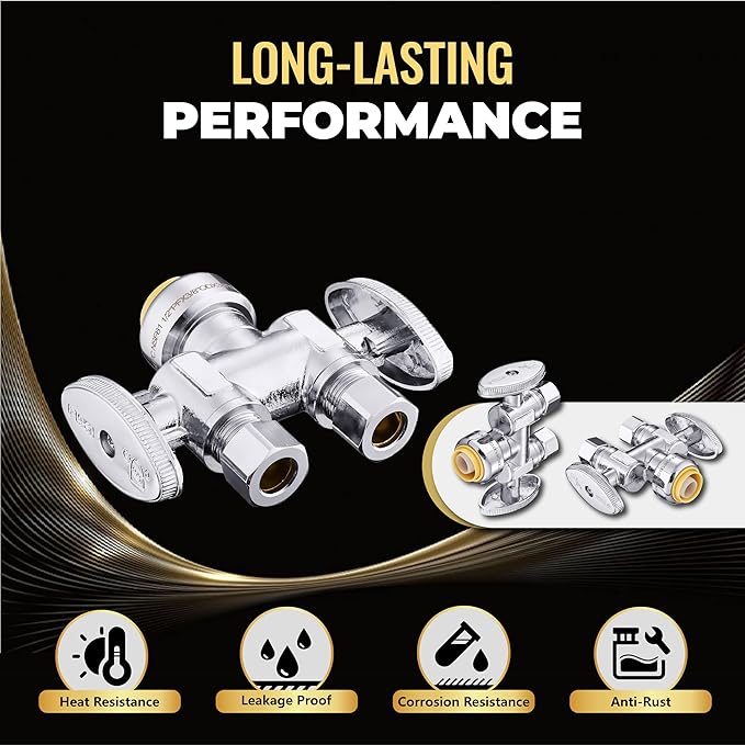 10-Pack Foskan Dual Outlet Push Fit Straight Stop Valve,1/4 Turn Straight Shut off Valve,1/2" Push Fit x 3/8" OD x 3/8" OD,Chrome Plated Brass