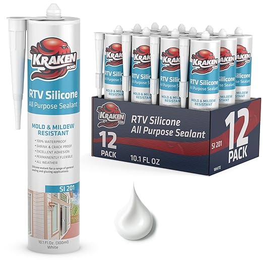 Kraken Bond White Silicone Sealant Waterproof% 100-10 fl oz Cartridge - RTV Silicone Caulk Kitchen and Bathroom, All Purpose, Window Caulking Sealant Outdoor, RV, Exterior Use Silicon - 12 Pack