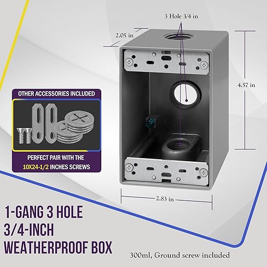 ENERLITES Weatherproof Outlet Box with Three 3/4-in Threaded Outlets, Outdoor Electrical Box, 3 Holes 0.75” Each, 1-Gang, 4.57” Height x 2.83” Length x 2.05” Depth, EN1375