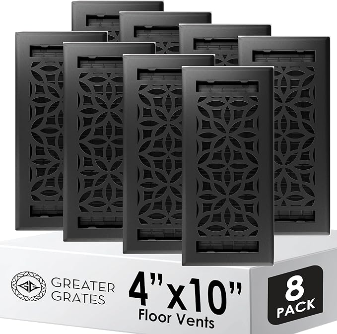 Floor Register 4x10 Vent Cover – 8 Pack – Heavy-Duty Steel, Rustproof & Walkable Grates, Easy Drop-in Install, Adjustable Air Supply Switch - Decorative Floral Design, Textured Black
