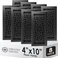 Floor Register 4x10 Vent Cover – 8 Pack – Heavy-Duty Steel, Rustproof & Walkable Grates, Easy Drop-in Install, Adjustable Air Supply Switch - Decorative Floral Design, Textured Black