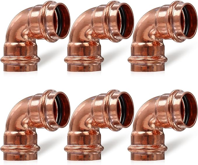 Copper Press Fittings,1 inch Copper Coupling 90 degree Elbow Coupling Zero Lead PxP 1 inch x 1 inch,6PCS 90-Degree Elbow with 1-Inch for Plumbing,OD 1-1/8”,Use with Hydraulic Press Fitting Tool