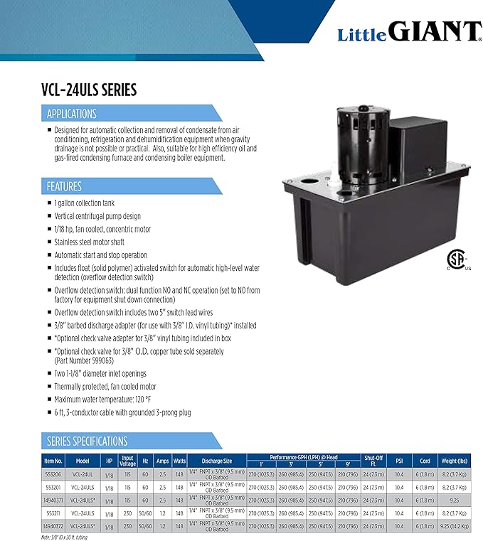 Little Giant VCL-24ULS 115 Volt, 1/18 HP, 270 GPH, Automatic Condensate Removal Pump with 1-Gallon Tank and Safety Switch, 6-Ft. Cord, Black, 553201