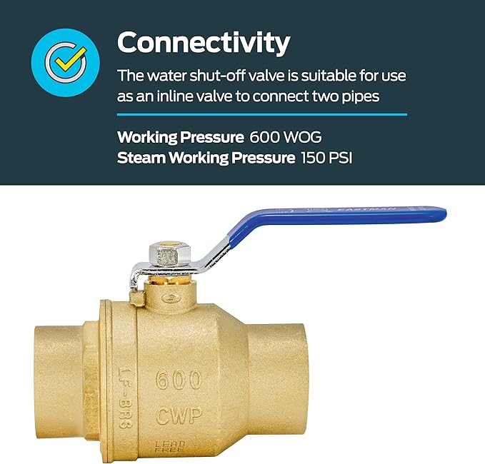 Eastman Heavy Duty Full Port Brass Ball Valve, 2 in Sweat x 2 in Sweat Connection, 20071LF
