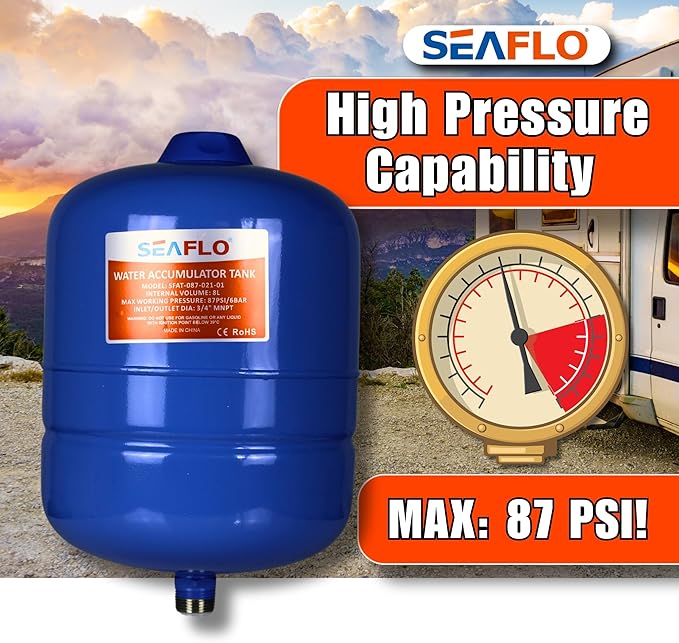 SEAFLO 2 Gallon Pre-Pressurized Accumulator Expansion Tank – Reduces Pump Cycling, Smooth Water Flow, 87 PSI, 3/4" MNPT, Compact Design for RV, Marine, Boat & Off-Grid Systems – 4-Year Warranty