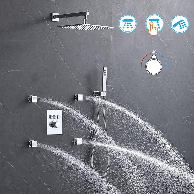 Modern Push-Button 3 Way Thermostatic Shower Diverter Valve Concealed Brass Faucet Rough-In Mixer Valve Kit in Chrome, Can Use Together
