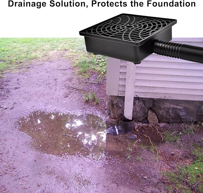 Low Profile Catch Basin Drain Kit Downspout Extender, 12"×12" Catch Basin Gutter Downspout Extensions with 2" ID Flexible Pipe, Pipe Stretched Length 16.4ft, Rainwater Drainage System