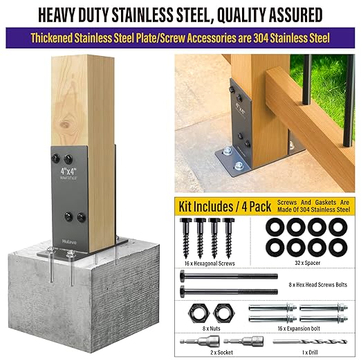 Hulave 4 Pack Stainless Steel 4 x 4 (Actual: 3.5" x 3.5") Post Base, Suitable for Terrace Railing, Fence, Mailbox, Gazebo, Porch, etc Concrete Support Anchor Base Post Anchor Bracket (Dark Gray)