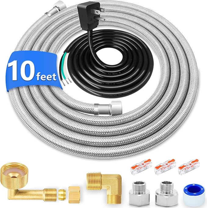 Dishwasher Installation Kit - 10 FT Stainless Steel Dishwasher Hose with 3/8" Compression Connections,Food Grade PEX Inner Tube Dishwasher Water Supply Line with Elbows,Adapters and 6 FT Power Cord