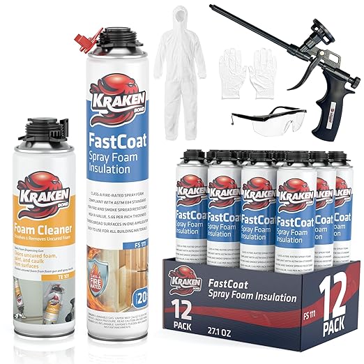 Kraken Bond Fastcoat Fire Rated Spray Foam Insulation Kit - (12x27.1 oz.) (R-Value 11.32 / 2in) Closed Cell Expanding Foam - Heat and Acoustic Insulation, Gun & Cleaner Includes, 240 Board Ft 12 Pack
