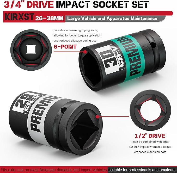 8 Piece 3/4" Drive Impact Socket Set, Metric Axle Nut Sockets, 26-38mm Thicker Jumbo Sockets, Socket Set, 6 Point, Cr-V, Vehicle and Apparatus Maintenance