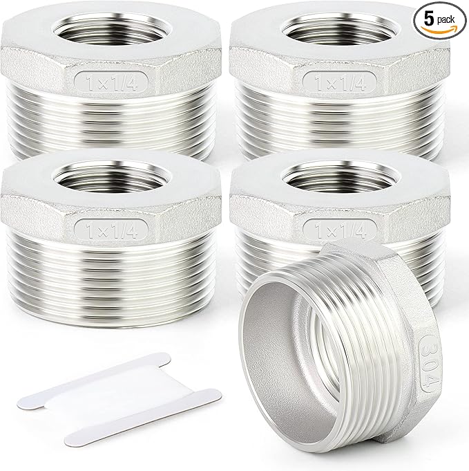 TAISHER 5PCS 304 Stainless Steel Reducer Hex Bushing, 1" NPT Male x 1/4" NPT Female, Reducing Pipe Adapter Fitting