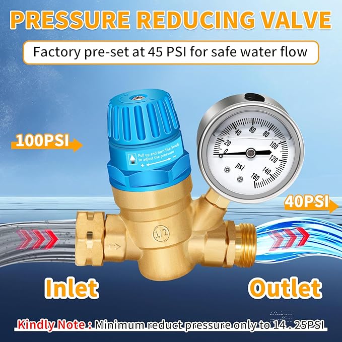 Boltigen Handle Adjustable RV Water Pressure Regulator, 3/4’’ GHT Brass Lead-Free RV Fresh Water Hose Pressure Regulator Valve with Gauge for RV Camper Trailer, Pressure Reducer Valve