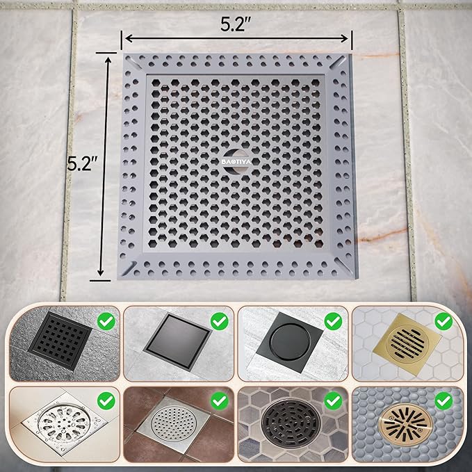 Not Moving Shower Drain Hair Catcher,Effective Hair Catcher Shower Drain,Square Flat Shower Drain Cover Protector Filter,Efficient Drainage,Hair Trap Stopper (Gray, 4 inch)