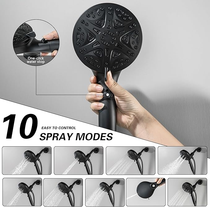 Black 2 Handle Tub Shower Faucet Set with 10 Spray Magnetic Guidance Docking System Two Knobs Shower Trim Kit with Rough-in Valve, Wall Mounted