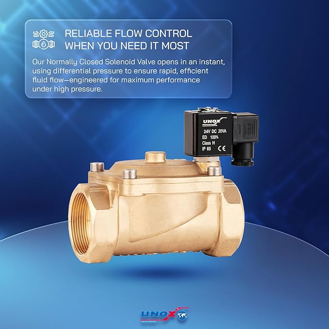 UNOX 1 1/2" NPT Solenoid Valve 24V DC, Brass Control Valve Normally Closed - 7-232 PSI Multi-Purpose Reliable Control Valve for Water, Air, and Gas - Solenoid Valves