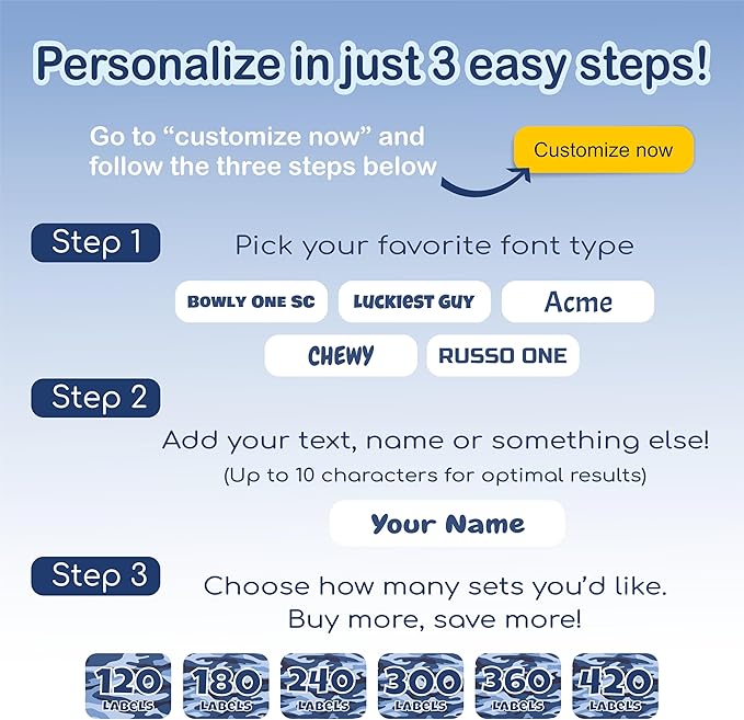 KYTRA Personalized Name Labels for Kids 120 Stickers for Daycare & School Supplies, Clothes, Toys, Lunchboxes and More - Waterproof, Laundry, Dishwasher & Microwave Safe, Made in USA (BlueCamo)