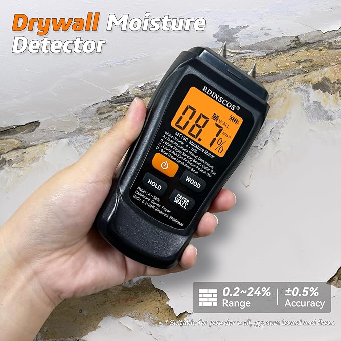 RDINSCOS Moisture Meter for Wood, Drywall, and Building Materials – Digital Moisture Detector with Fixed Pins, 4 Material Modes, LCD Display, for Home Inspection and Firewood Testing