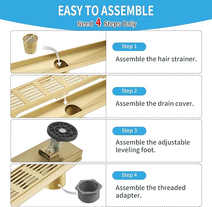 Linear Shower Drain 24 Inch, Professional Brushed SUS-304 Stainless Steel Shower Drain, 51L/Min Fast Drainage Floor Linear Drain, US Standard CUPC Certified, Zirconium Gold, SD-109