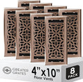 Floor Register 4x10 Vent Cover – 8 Pack – Heavy-Duty Steel, Rustproof & Walkable Grates, Drop-in Install, Adjustable Air Supply Switch - Decorative Floral Design, Satin Bronze