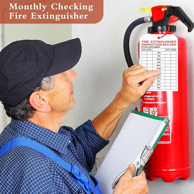 Chunful 101 Pieces Monthly Fire Extinguisher Inspection Tags 2025 to 2028 Maintenance Tags Plastic Tamper Seals Numbered Security with Handheld Hole Puncher(White)