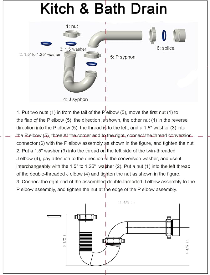 (1 Pack) Yariwiz White P Trap 1 1/2 Inch for Bathroom Kitchen Sink Drain Pipe Tubular Kit with Adjustable J-bend, White Threaded Adapter and Blue TPE Washer KSD-004W