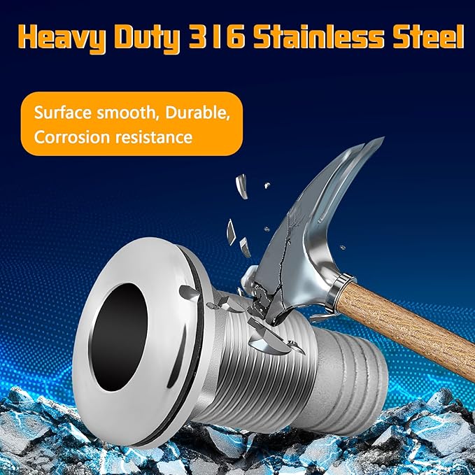 Thru Hull Fittings for Boats, Stainless Steel Yacht Through Hull Connecter with Straight Barb, Marine Barbed Hose Skin Fitting Drain for 3/4 inch I.D. Hose, 1 inch I.D. Hose