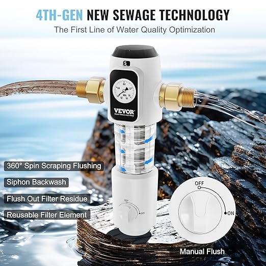 VEVOR Sediment Filter, 20 GPM Spin Down Sediment Filter with Pressure Gauge, 4Th Gen Backwash Pre-Filtration System, 360° Bi-Side Scraper Flush, Reusable Whole House Sediment Water Filter, 3/4" MNPT