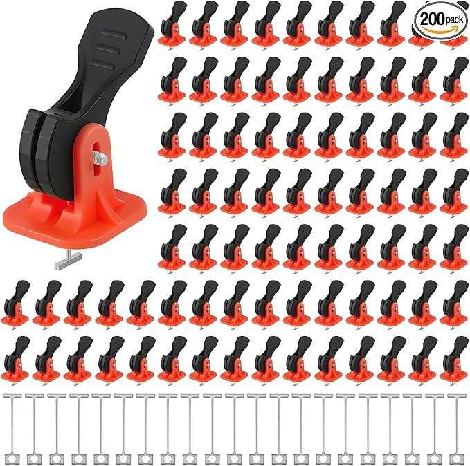 Nuanchu Tile Leveling System Kit 200 Reusable Tile Spacers + 200 1/16'' Replaceable Spare Steel T-pin, Leveling Clips Fit 8-12mm Floor Compounds Set for Wall & Floor (Red)
