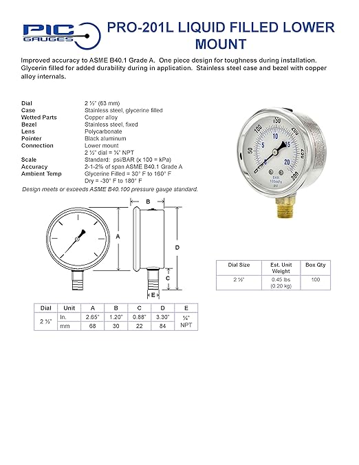 PIC Gauges PRO-201L-254R 0-5000 PSI Pressure Gauge, 2 1/2" Dial, 1/4" Male NPT Connection, Bottom Mount, Dual Scale, Glycerin Filled, Stainless Steel Case/Bezel, Brass Internals & Plastic Lens